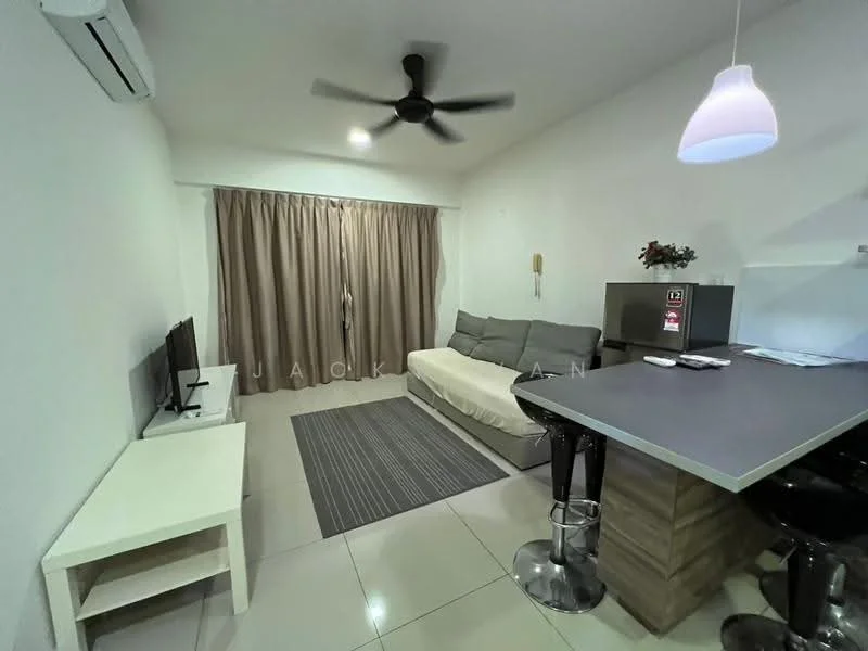Living features: wall-mounted TV, 3-seater fabric sofa in light grey, coffee table, area rug with geometric pattern, floor-to-ceiling curtains in beige, ceiling fan with light, recessed downlights, tile flooring in cream, open kitchen counter with bar stools, kitchen cabinets in wood finish, refrigerator, decorative wall art; style: modern.