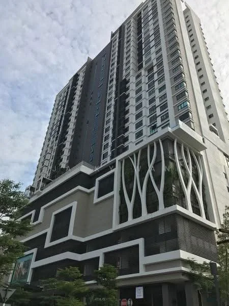 Exterior type: high-rise condominium; features: glass curtain wall, exposed concrete facade, projecting balconies, vertical fins, feature lighting at night, manicured landscaping, mature trees, double-volume main lobby, porte cochère drop-off; style: modern.