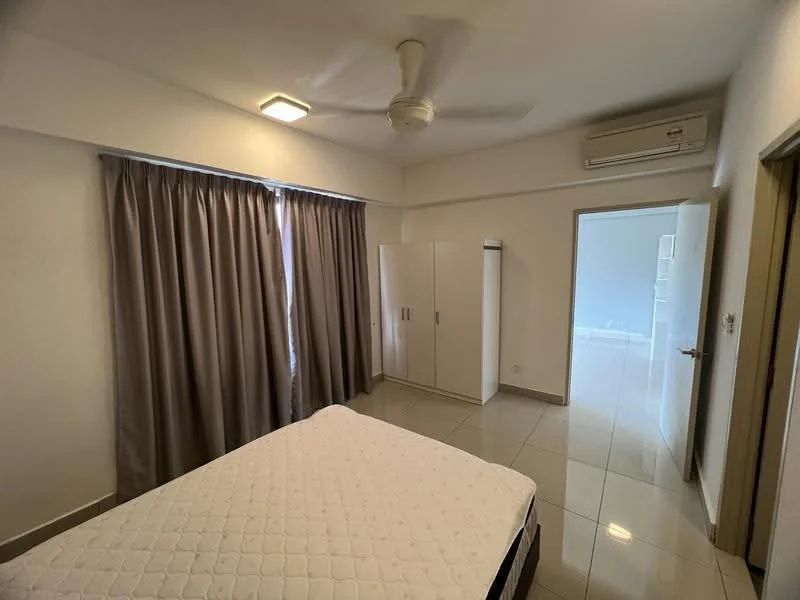Bedroom features: white painted walls, tile flooring, 5-blade ceiling fan with light, floor-to-ceiling windows with sheer curtains, built-in wardrobe, queen-size bed, recessed ceiling lights; style: modern.