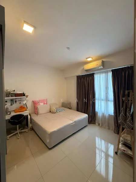 Bedroom features: queen-size bed, white bedding, 2 bedside pillows, wall-mounted air conditioning unit, floor-to-ceiling window, sheer curtains, dark brown curtains, white painted walls, glossy tile flooring, desk with chair, decorative wall art, built-in wardrobe; style: modern.