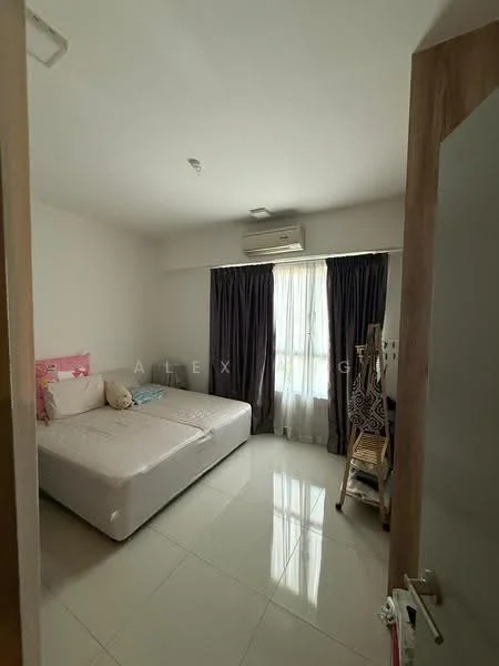 Bedroom features: queen-size bed, white bedding, 2 bedside pillows, floor-to-ceiling window, blackout curtains, wall-mounted split AC, light-colored walls, glossy tile flooring, wooden shelving unit, decorative wall art; style: modern.