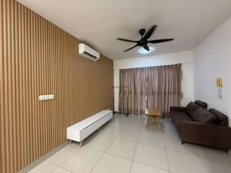 Living features: brown leather sofa, wooden coffee table, white TV console, split air conditioning unit, 5-blade ceiling fan, floor-to-ceiling windows with sheer curtains, cream tiled flooring, wood panel accent wall, recessed lighting; style: modern.