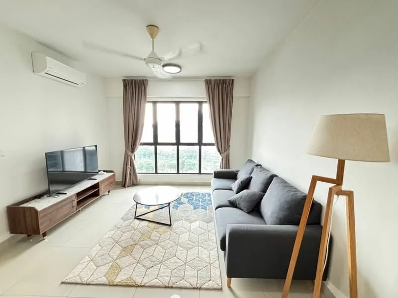 Living features: 3-seater fabric sofa in grey, coffee table, TV console, wall-mounted TV, area rug with geometric pattern, floor-to-ceiling windows, sheer curtains, 1 wall-mounted split AC, ceiling fan with light, decorative floor lamp, light-colored walls, neutral tile flooring; style: modern; view: city.