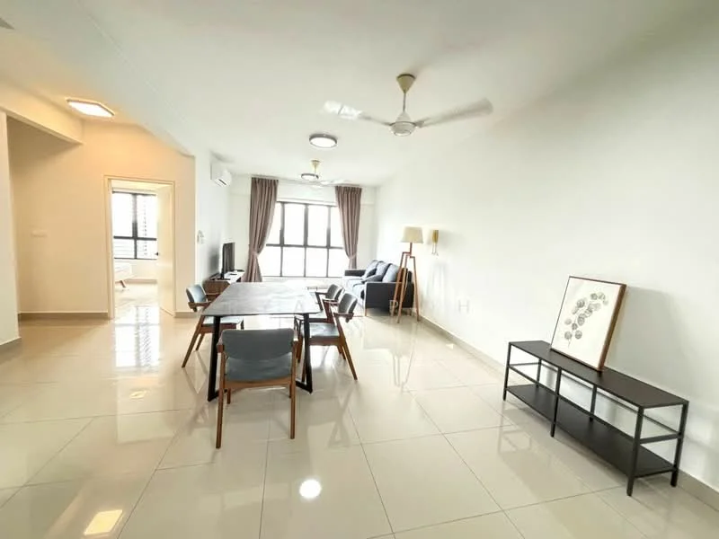 Living features: white painted walls, glossy ceramic tile flooring, 5-blade ceiling fan with light, floor-to-ceiling windows, grey fabric sofa, wooden dining table, 4 upholstered dining chairs, side table with decorative artwork, lamp on floor, curtains, natural light from windows; style: modern; view: city.