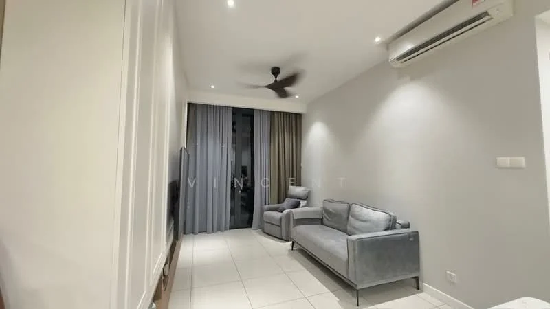 Living features: 2-seater fabric sofa in grey, 3-seater fabric sofa in grey, wall-mounted TV, floor-to-ceiling windows, sheer curtains, grey painted walls, recessed downlights, 5-blade ceiling fan, white tiled flooring, air conditioning unit; style: modern.