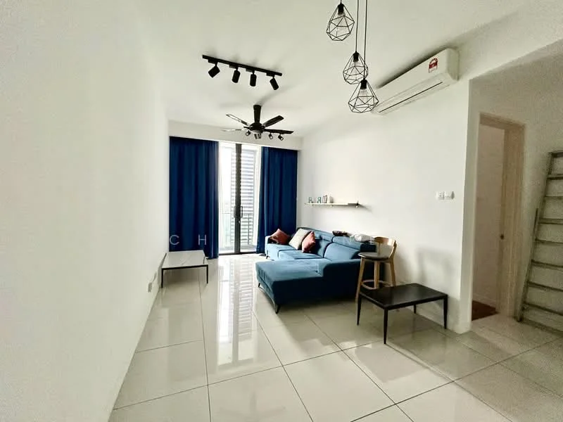 Living features: white painted walls, glossy tile flooring, 5-blade ceiling fan with light, track lighting, sofa in blue fabric, black coffee table, wooden side table, floor-to-ceiling windows, blue curtains, air conditioning unit; style: modern; view: city.