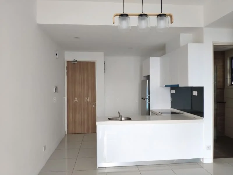 Kitchen features: white cabinetry, stainless-steel sink, chrome pull-down faucet, white countertop, black backsplash, built-in refrigerator, built-in oven, ceramic tile flooring, recessed downlights, 3-blade ceiling fan, open layout, wall-mounted cabinet, island counter; style: modern.