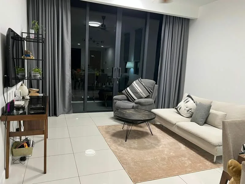Living features: light grey fabric sofa, black coffee table, area rug with geometric pattern, floor-to-ceiling windows, grey curtains, wall-mounted TV, wooden side table, decorative plants on shelves, recessed downlights, ceiling fan, neutral painted walls, white tiled flooring; style: modern.