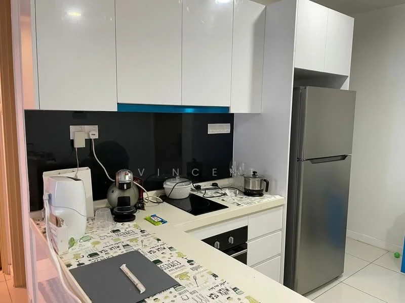 Kitchen features: white high-gloss cabinetry, black countertop, stainless-steel fridge, built-in oven, 4-burner gas hob, stainless-steel range hood, white ceramic tile flooring, kitchen appliances including kettle and coffee machine, decorative countertop with printed design, wall-mounted electrical outlets; style: modern.