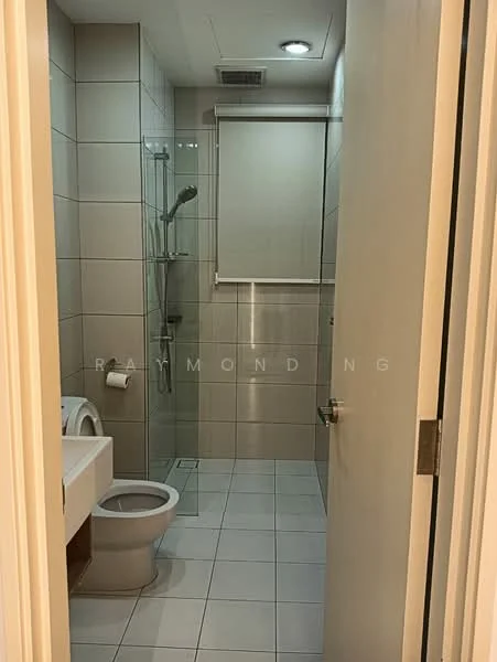 Bathroom features: white tiled walls, white ceramic floor tiles, glass shower enclosure, rain shower head, handheld shower, single-sink vanity with wood cabinet, chrome basin mixer, one-piece toilet, roller blinds, recessed downlights, exhaust fan; style: modern.