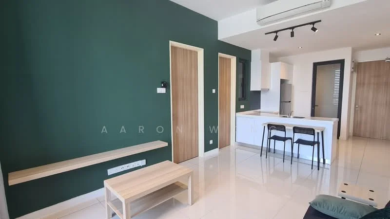 Living features: green accent wall, white painted walls, glossy tile flooring, ceiling-mounted air conditioning unit, recessed downlights, open-plan layout, wooden bench, kitchen island with seating, black dining chairs, doorway to kitchen, doorway to hallway; style: modern.