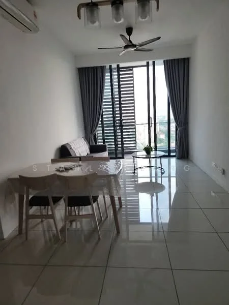 Living features: white painted walls, glossy tile flooring, 5-blade ceiling fan with light, floor-to-ceiling windows, grey curtains, sofa in grey, round coffee table, dining table for 4 with white chairs, decorative plant on table; style: modern; view: city.