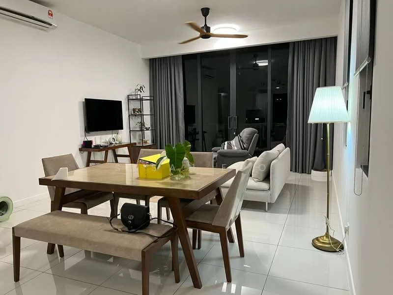 Dining features: rectangular wooden dining table, 6 upholstered dining chairs, bench seating, pendant light, white walls, white tiled flooring, floor-to-ceiling windows, grey curtains, decorative plant, gold floor lamp, TV console, wall-mounted TV, sofa, coffee table; style: modern.