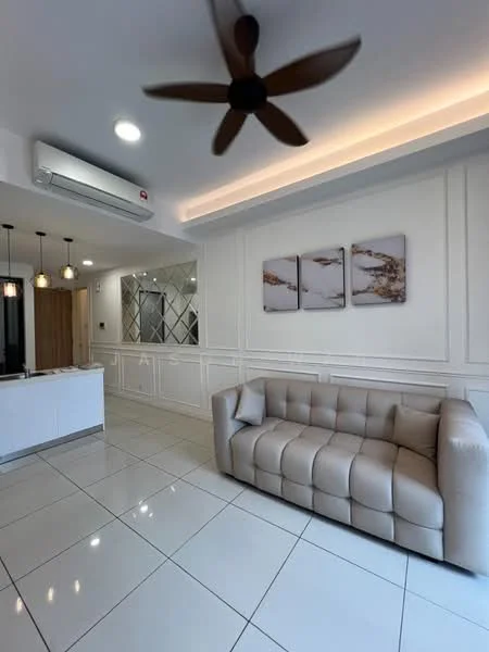 Living features: 5-blade ceiling fan with light, white painted walls with crown moulding, glossy white tile flooring, recessed LED downlights, sofa in beige upholstery, framed artwork on walls, open layout to kitchen, air conditioning unit on wall; style: modern.