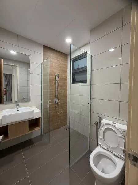 Bathroom features: single-sink vanity with wood cabinet, chrome basin mixer faucet, framed mirror, walk-in shower with glass enclosure, handheld shower, one-piece toilet, tile cladding on walls, grey floor tiles, recessed LED downlights, window for natural light; style: modern.