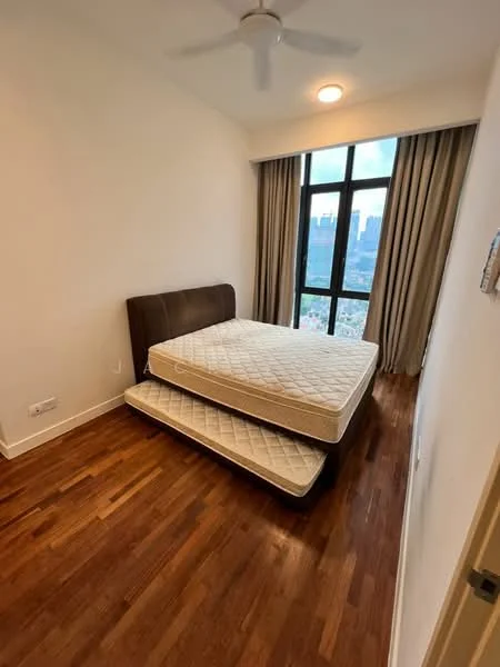 Bedroom features: king-size bed, upholstered headboard, wooden flooring, floor-to-ceiling windows, curtains, ceiling fan, light fixture, city view; style: modern; view: city.