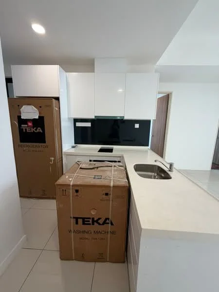 Kitchen features: white cabinetry, black glass backsplash, white countertop, single-bowl stainless-steel sink, chrome pull-down faucet, built-in induction cooktop, appliances in boxes, tile flooring, recessed downlights; style: modern.
