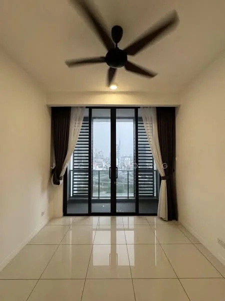 Room features: white painted walls, glossy white tile flooring, 5-blade ceiling fan, floor-to-ceiling sliding glass doors, sheer curtains, blackout curtains, city skyline view, recessed downlights; style: modern; view: city.