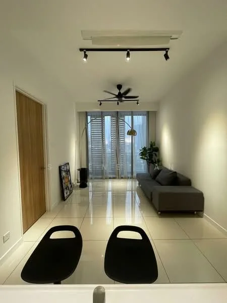 Living features: grey fabric sofa, 2 black dining chairs, white painted walls, polished tile flooring, 5-blade ceiling fan with light, track lighting, floor-to-ceiling windows, curtains, decorative floor lamp, indoor plants, framed artwork, coffee table; style: modern; view: city.