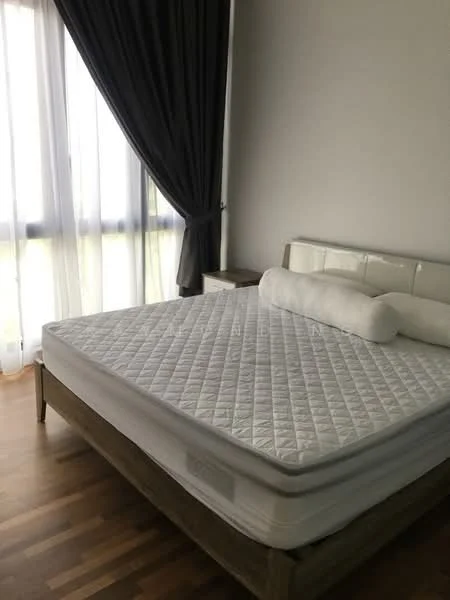 Bedroom features: queen-size bed frame, mattress without bedding, decorative bolster pillow, floor-to-ceiling windows, sheer curtains, dark grey blackout curtains, wooden flooring, nightstand, minimalist headboard; style: modern; view: garden.