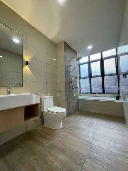 Bathroom features: single-sink vanity with wood cabinet, framed mirror, chrome basin mixer, one-piece toilet, walk-in shower with glass enclosure, rain shower head, tile cladding, grey ceramic tile flooring, window with grid design, natural light from window; style: modern.