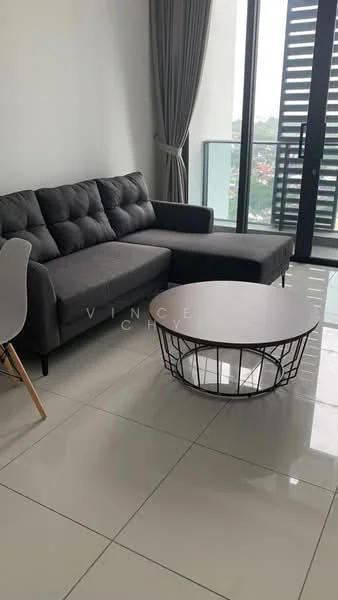 Living features: L-shape sectional sofa in grey fabric, round coffee table with wire frame, floor-to-ceiling windows, curtains in light grey, glossy white tile flooring, balcony door, decorative wall with light, neutral wall colour; style: modern; view: city.