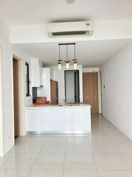Kitchen features: white cabinetry, marble countertop, stainless-steel sink, chrome pull-down faucet, built-in oven, freestanding range oven, recessed downlights, pendant lighting, split air conditioning unit, ceramic tile flooring, open layout, wall-mounted cabinets, kitchen island; style: modern.