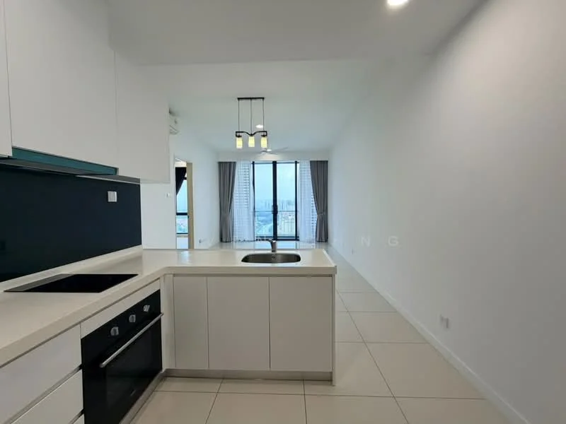 Kitchen features: white cabinetry, black backsplash, stainless-steel sink, chrome pull-down faucet, quartz countertop, built-in oven, 4-burner gas hob, recessed downlights, tile flooring, floor-to-ceiling windows, city view; style: modern; view: city. Living features: floor-to-ceiling windows, curtains, tile flooring, open layout, recessed downlights; style: modern; view: city.