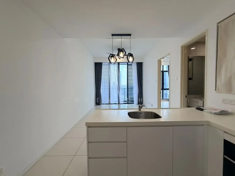 Kitchen features: white cabinetry, single-bowl stainless-steel sink, chrome pull-down faucet, white countertop, pendant lighting, tile flooring, open layout, floor-to-ceiling windows, sliding glass door, city view; style: modern; view: city.