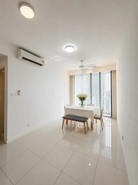 Dining features: white painted walls, glossy ceramic tile flooring, 5-blade ceiling fan with light, wall-mounted split AC, dining table with white tablecloth, 4 white dining chairs, grey upholstered bench, floor-to-ceiling windows with vertical blinds, vase with flowers on the table; style: modern; view: city.