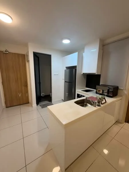 Kitchen features: white cabinetry, stainless-steel fridge, single-bowl stainless-steel sink, chrome pull-down faucet, white quartz countertop, ceramic tile flooring, recessed downlights, window with sheer curtains, built-in microwave, kitchen island with seating, modern appliances; style: modern.