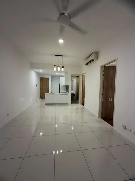 Living features: white painted walls, glossy white tile flooring, 5-blade ceiling fan with light, recessed downlights, open layout, kitchen island, air conditioning unit, wooden door, doorway to adjacent rooms; style: modern.