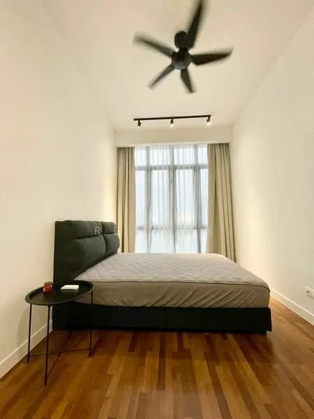Bedroom features: king-size bed, upholstered headboard, bedside table, ceiling fan, floor-to-ceiling windows, sheer curtains, wooden flooring, track lighting; style: modern.