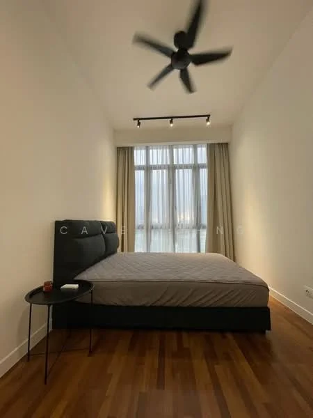 Bedroom features: king-size bed, upholstered headboard, bedside table, 5-blade ceiling fan, floor-to-ceiling windows, sheer curtains, wooden flooring, track lighting; style: modern.