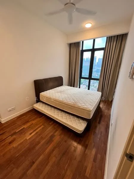 Bedroom features: wooden flooring, white painted walls, floor-to-ceiling windows, curtains, ceiling fan, queen-size bed frame, mattress, additional mattress on floor, city view; style: modern; view: city.