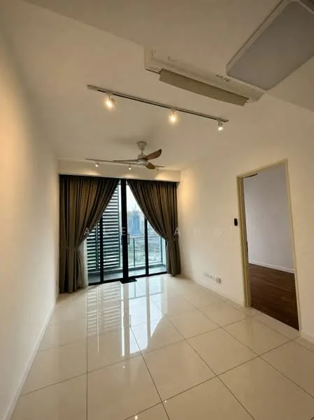 Living features: white painted walls, glossy ceramic tile flooring, 5-blade ceiling fan with light, recessed downlights, floor-to-ceiling windows, sliding glass door, sheer curtains, balcony view, decorative wall, doorway leading to another room; style: modern; view: city.
