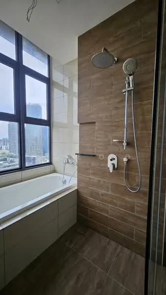 Bathroom features: walk-in shower with glass enclosure, rain shower head, handheld shower, bathtub, tile cladding on walls, brown ceramic tile flooring, white bathtub, chrome faucet, floor-to-ceiling windows, city view; style: modern; view: city.