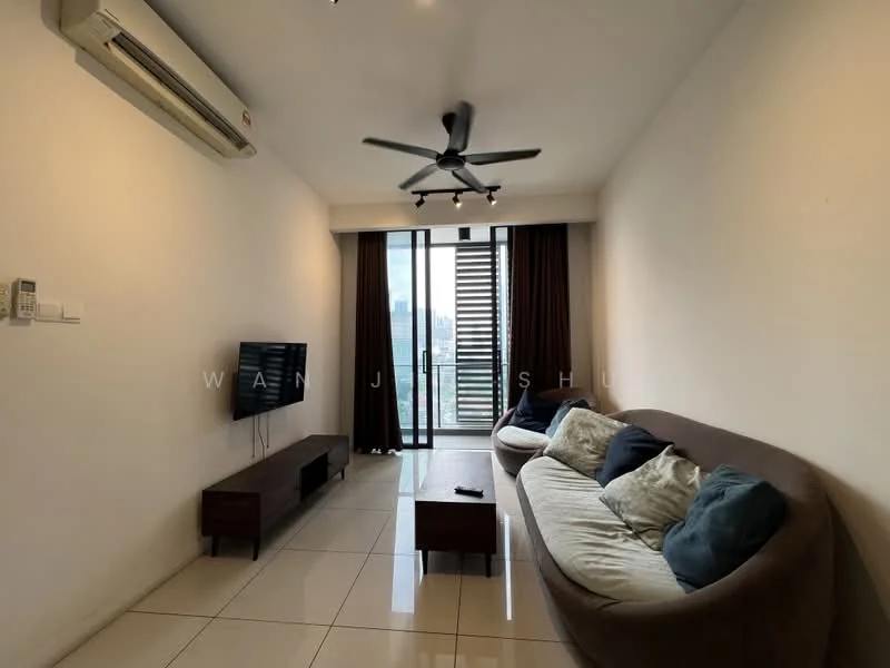 Living features: floor-to-ceiling windows, sliding glass door, 3-blade ceiling fan, wall-mounted TV, coffee table, 2-seater fabric sofa in beige, decorative cushions, white painted walls, glossy tile flooring, curtains, air conditioning unit; style: modern; view: city.