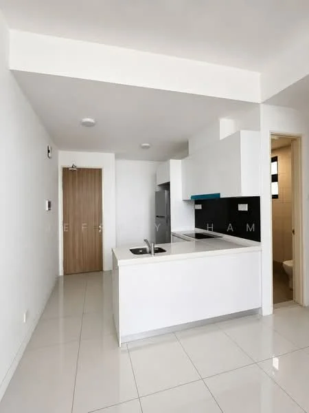 Kitchen features: white cabinets, white countertop, stainless-steel sink, chrome pull-down faucet, built-in refrigerator, ceramic tile flooring, recessed downlights, open layout, wall-mounted cabinets, kitchen island, neutral wall color, door leading to hallway, window for natural light; style: modern. Room features: white painted walls, ceramic tile flooring, door to bathroom.