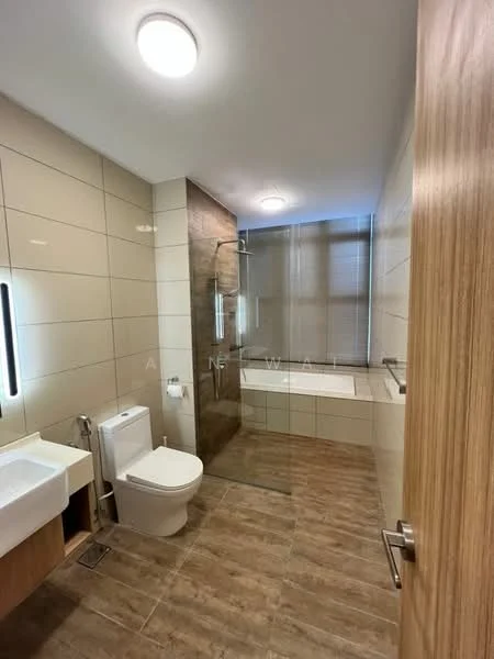 Bathroom features: single-sink vanity with wood cabinet, chrome basin mixer, framed mirror, one-piece toilet, walk-in shower with glass enclosure, rain shower head, built-in bathtub, tile cladding to ceiling, recessed downlights, grey ceramic tile flooring, white painted walls, window with sheer curtains; style: modern.