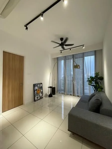 Living features: grey fabric sofa, 3-blade ceiling fan with light, white painted walls, glossy tile flooring, floor-to-ceiling windows, sheer curtains, black floor lamp, framed artwork, indoor plant, wooden door; style: modern.