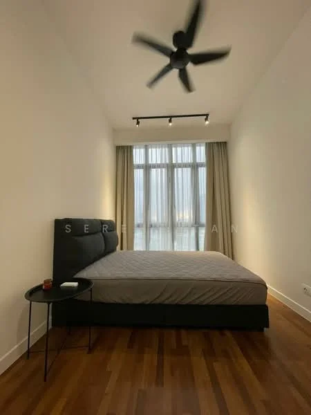 Bedroom features: queen-size bed, upholstered headboard, bedside table, floor-to-ceiling windows, sheer curtains, wooden flooring, ceiling fan with light, track lighting; style: modern; view: city.