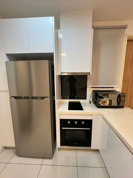 Kitchen features: stainless-steel fridge, built-in oven, ceramic cooktop, microwave, white cabinetry, white countertop, black backsplash, white tiled flooring, under-cabinet lighting; style: modern.