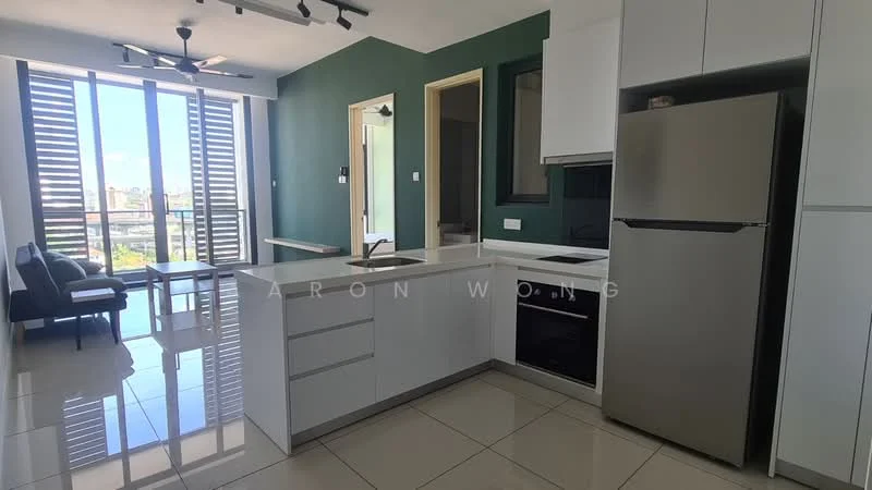 Kitchen features: white cabinetry, stainless-steel fridge, built-in oven, 4-burner gas hob, white quartz countertop, single-bowl stainless-steel sink, chrome pull-down faucet, pendant lighting, tile flooring, open-plan layout, floor-to-ceiling windows, city view; style: modern; view: city. Living features: 3-seater fabric sofa, coffee table, TV console, area rug, ceiling fan, floor-to-ceiling windows, city view; style: modern; view: city.