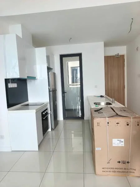 Kitchen features: white cabinetry, black countertop, built-in oven, freestanding range oven, stainless-steel fridge, single-bowl stainless-steel sink, chrome pull-down faucet, ceramic tile flooring, wall-mounted cabinets, open shelving, window, door leading outside; style: modern.