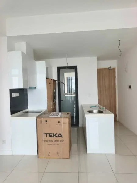 Kitchen features: white cabinetry, white countertop, built-in oven, stainless-steel sink, chrome pull-down faucet, ceramic tile flooring, open layout, kitchen island, washing machine in box; style: modern.