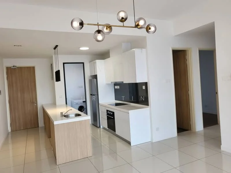 Kitchen features: white cabinets, wooden cabinetry, stainless-steel fridge, built-in oven, ceramic cooktop, single-bowl stainless-steel sink, chrome pull-down faucet, grey backsplash, island countertop with overhang, pendant lighting, tile flooring, open layout; style: modern.