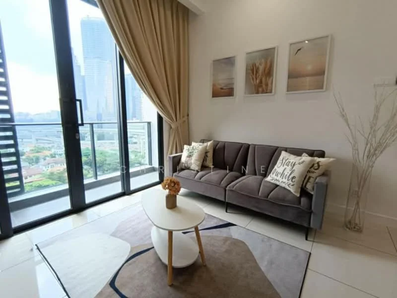 Living features: grey fabric sofa, decorative cushions, round coffee table, area rug with abstract pattern, floor-to-ceiling windows, curtains, wall-mounted artwork, city view; style: modern; view: city.