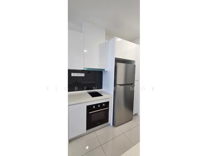 Kitchen features: white flat-panel cabinets, stainless-steel fridge, built-in oven, 4-burner gas hob, black backsplash, white countertop, ceramic tile flooring, recessed downlights; style: modern.