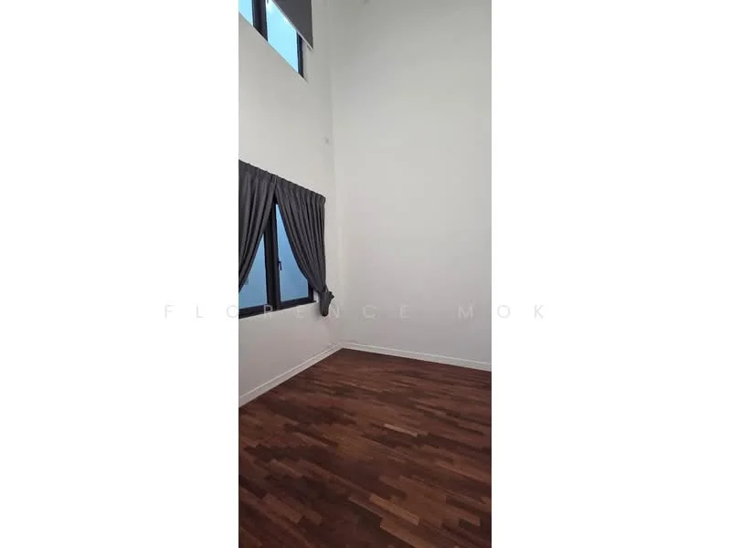 Room features: wooden flooring, white painted walls, large windows, curtains, high ceiling; style: modern.